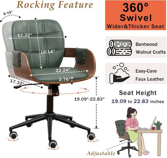 Home Office Desk Chair with Caster Wheels, Walnut Craftsmanship, Ergonomic Curved Back and Arms, Faux Leather, Height Adjustable, Computer Chair for Desk Work, Executive Task, Conference Rooms - Green