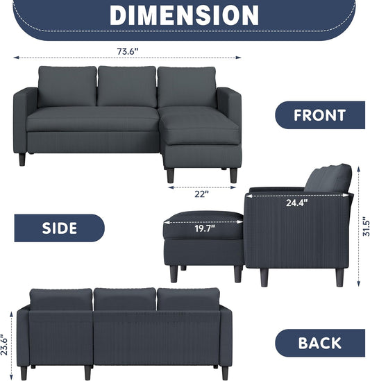 Small Sectional Sofa Couches,L Shape Convertible Sofa with Ottoman,3 Seat Comfy Corduroy Upholstered Sofa Couch,Small Couch for Apartment,Living Room and Office(Dark Grey)