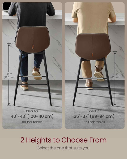Bar Stools Set of 2, Counter Height Bar Stools with Back, Ergonomic Backrest, Synthetic Leather, Metal Legs, 24.8-Inch Tall Barstools for Kitchen Island Home Bar, Easy Assembly, Coffee Brown
