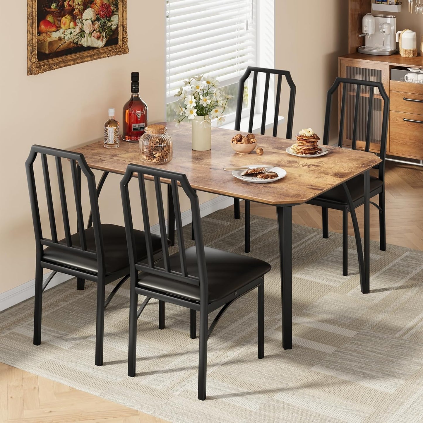 Dining Table Set for 4, Kitchen Table Set of 4 with Upholstered Cushion Chairs, Dining Room Table Set with Kitchen Chairs, Easy to Assemble, Suitable for Apartment - (Rustic Walnut)