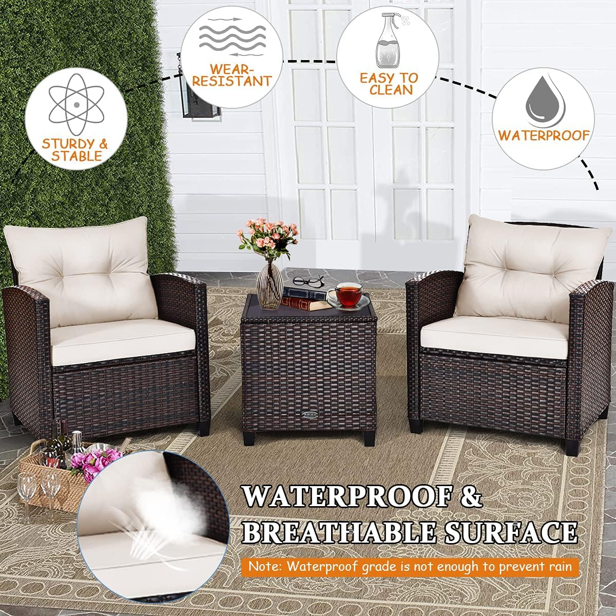 3 Pieces Patio Furniture Set, PE Rattan Wicker 3 Pcs Outdoor Sofa Set W/Washable Cushion and Tempered Glass Tabletop, Conversation Furniture for Garden Poolside Balcony (White)