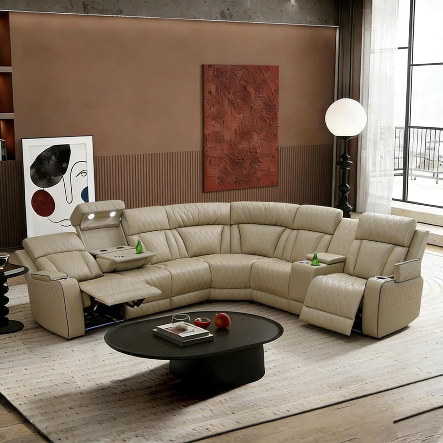 Power Breathing Leather Reclining Sofa Set,Power Recliner Sectional Couch with LED Light,Sectional Reclining Couch Set with USB Port/Storage for Living Room Home Office (Beige)