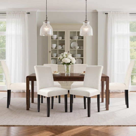 Upholstered Dining Chairs Set of 6, Modern Fabric and Solid Wood Legs & High Back, Parsons for Kitchen/Living Room- Beige