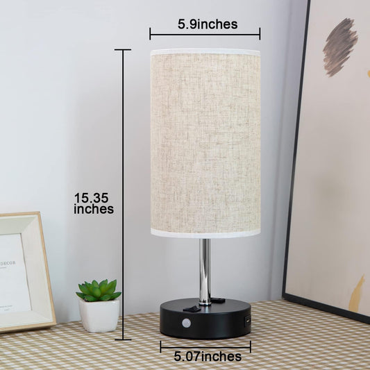 Table Lamp with Motion Sensor and Constant on Mode, USB Lamp Include Warm White Bulb, Built in USB Port & AC Outlet, Bedside Lamp Idea for Bedroom Retro Cream