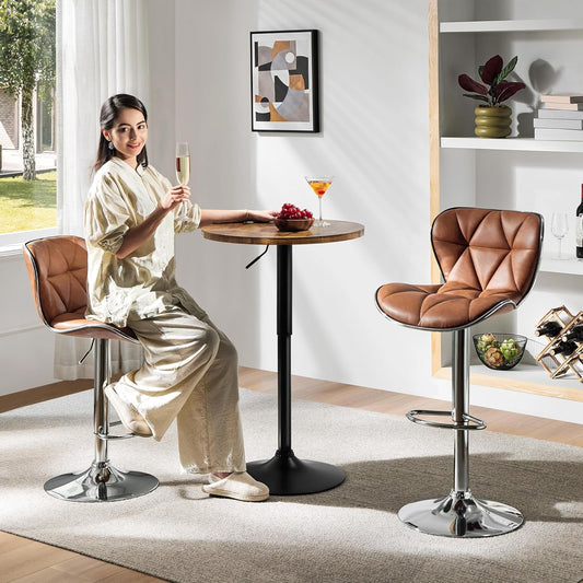 round Table, Adjustable Height Cocktail Table, 360° Swivel Bar Tables with MDF Top, Silver Leg Base for Bar, Bistro, Café, Rustic Brown