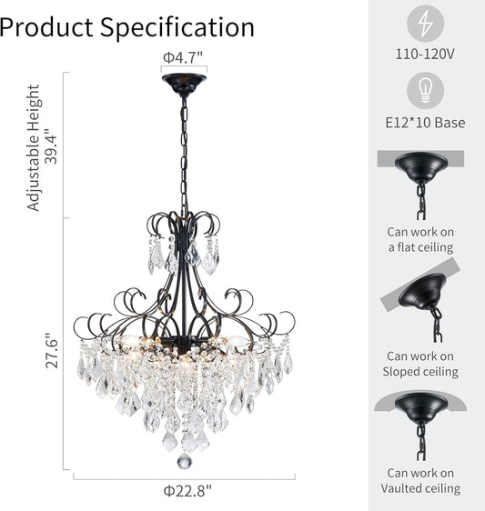 Crystal Chandelier 10-Light Pendant Ceiling Light Modern Lighting Fixture for Dining Room Hallway Bedroom Kitchen Bathroom, H 27.6" X W 22.8", E12 Base, Black