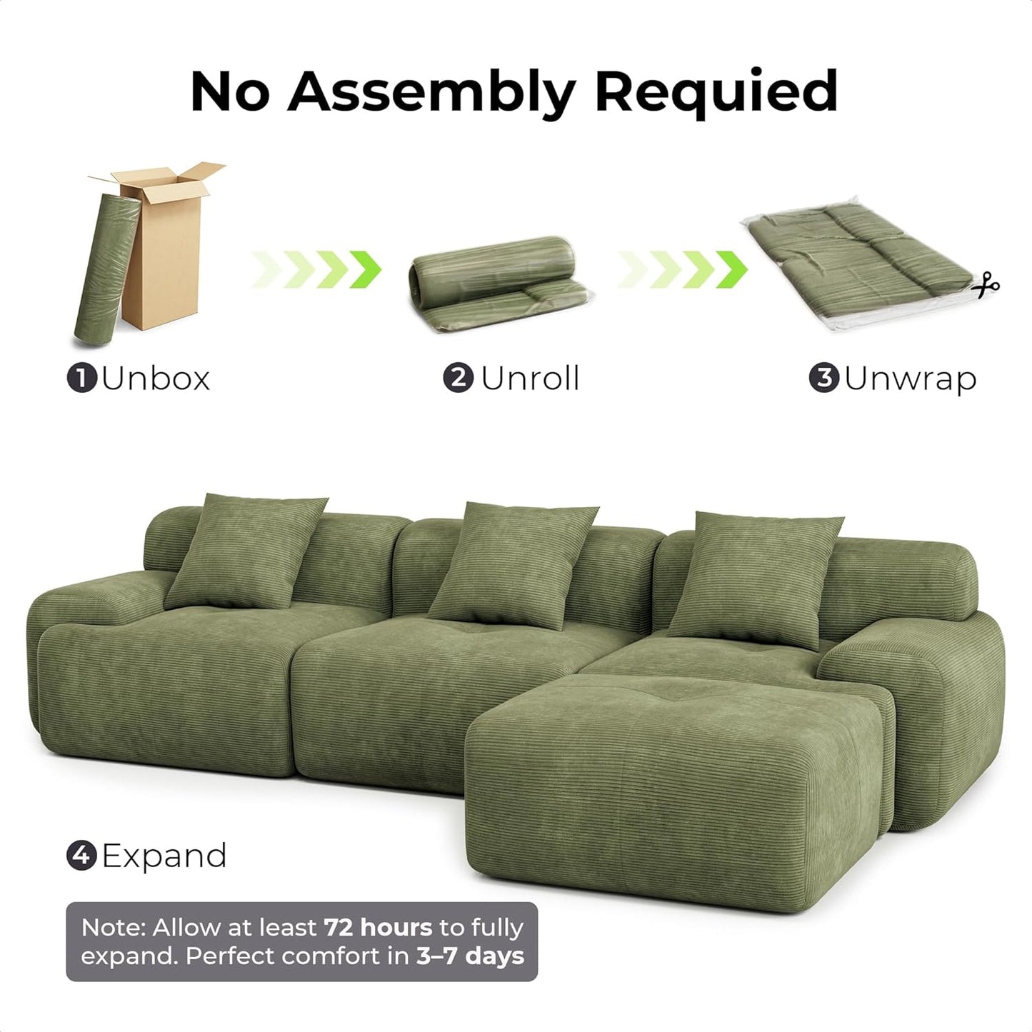 118" Modular Sectional Sofa with Ottoman, L-Shaped Boneless Couch with Deep Seat for Living Room, No Assembly Required, Corduroy Upholstery, Olive Green