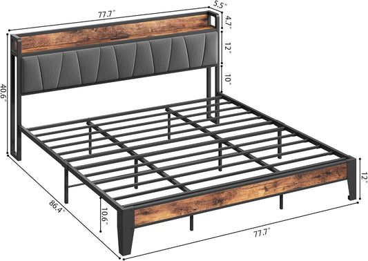 King Size Bed Frame, Storage Headboard with Charging Station, Solid and Stable, Noise Free, No Box Spring Needed, Easy Assembly