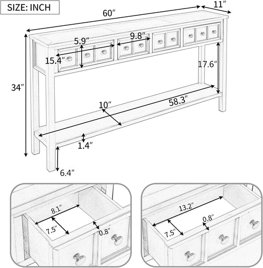 Antique Entry Console Table with Storage Drawers, 60" Long Sofa Table with Two Different Size Drawers and Bottom Shelf for Storage, Living Room Narrow Sofa Entry Table, Entryway (Navy)