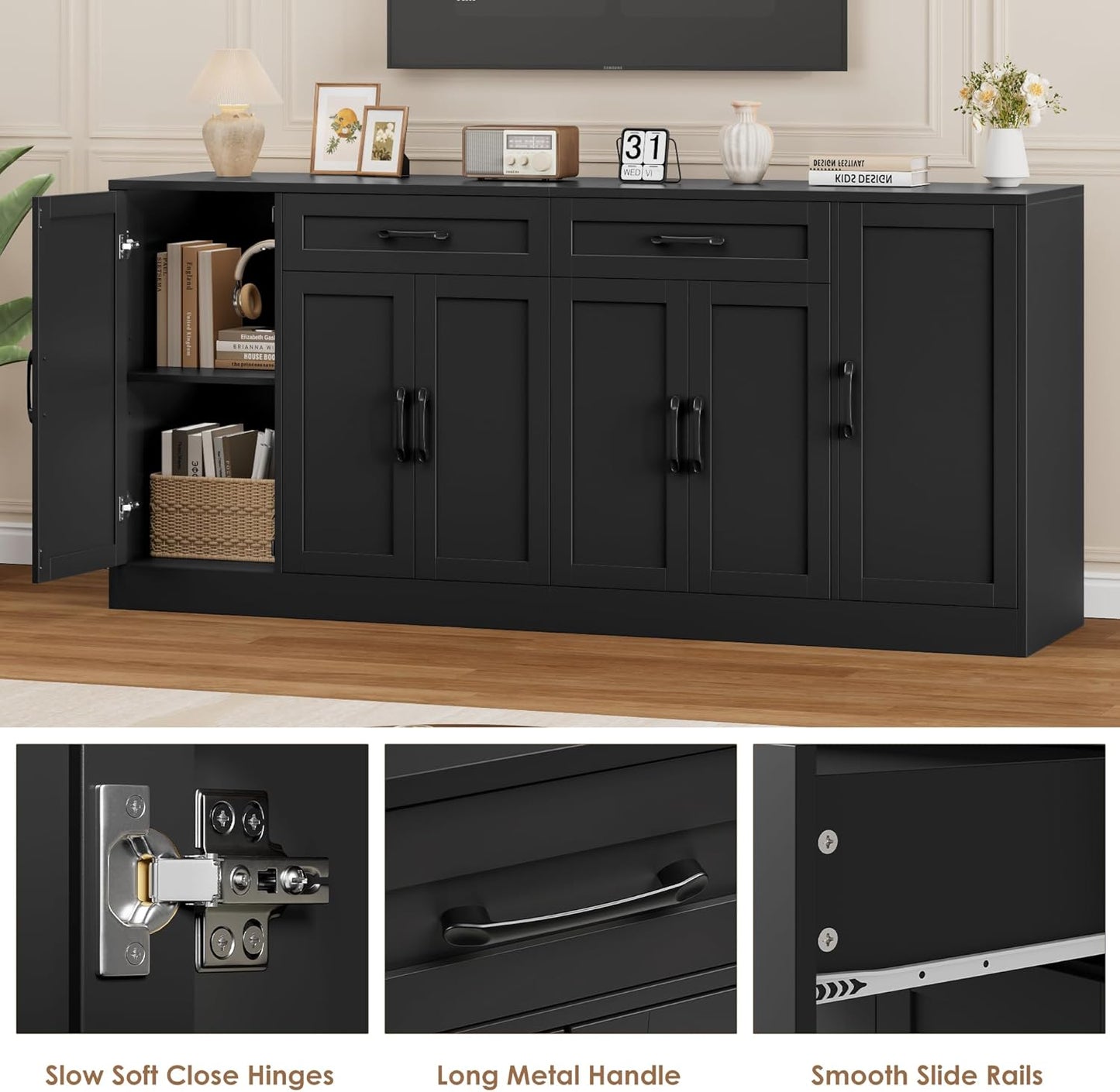 71” Large Buffet Cabinet with Storage, Sideboard Buffet Cabinet with Adjustable Shelves and 6 Soft-Close Doors, Wood Coffee Bar Console Table for Kitchen, Dining Room, Black