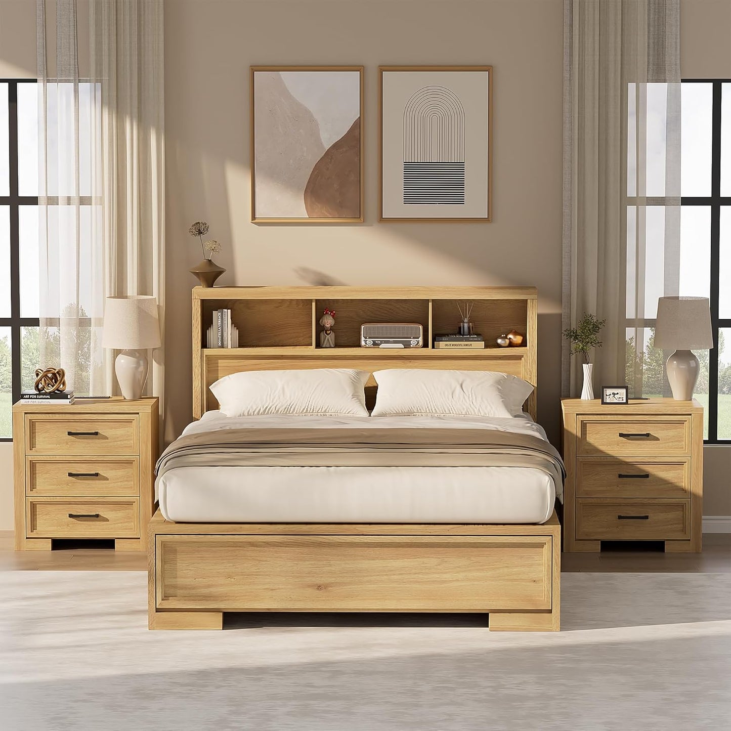 24" Wide Nightstand Set of 2, Night Stand with Charger Station, Bedside Table with 3 Drawers, Sofa Side Table for Bedroom, Living Room, Entryway, Natural Oak