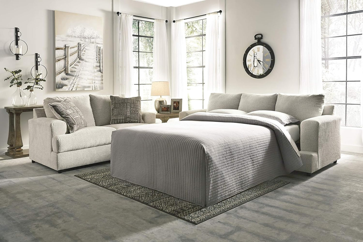 Soletren Contemporary Chenille Queen Sofa Sleeper with 4 Accent Pillows, Off-White