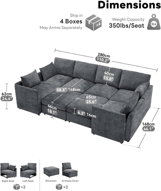 Modular Sectional Couch 8 Seat, Cloud Sofa for Living Room,Chenille Sofa Set with Ottoman, Grey