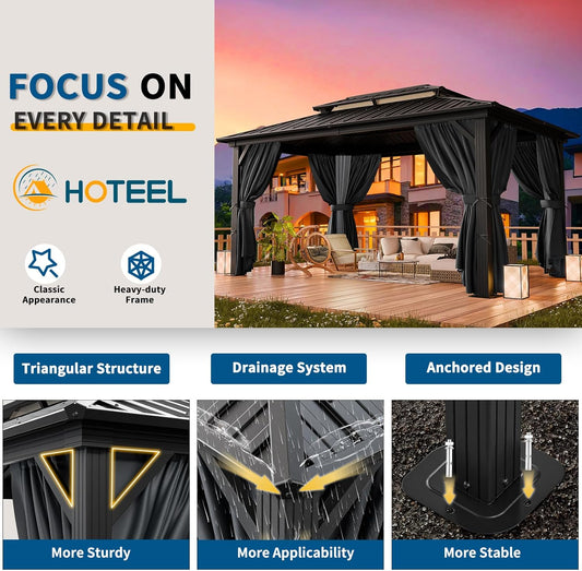 10X12 Hardtop Gazebo on Clearance with Heavy Duty Galvanized Steel Double Metal Roof,Aluminum Frame,Patio Gazebo with Curtains and Netting,Outdoor Permanent Gazebo Pavillon for Backyard,Black