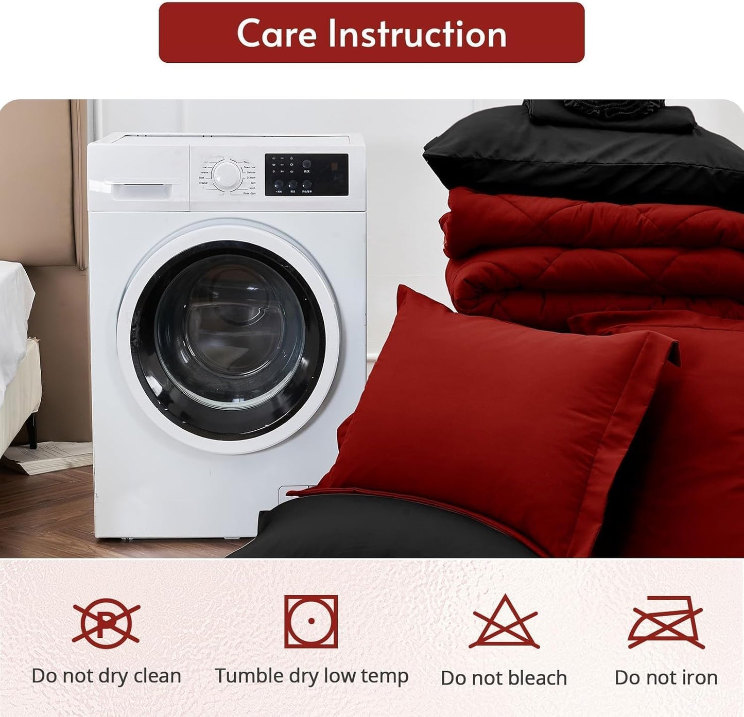 7 Pieces Queen Comforter Set, Reversible Bed in a Bag Queen Size, All Season Bedding Set with Comforter, Flat Sheet, Fitted Sheet, Pillowcases & Shams, Red & Black