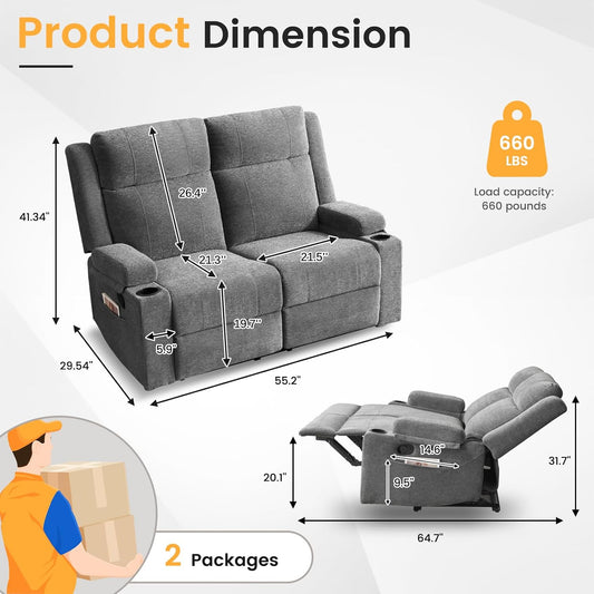 Loveseat Recliner, Loveseat Sofa with Adjustable Footrest, Wall Hugger Recliner for Living Room & Home Theater & Rv(Gray)