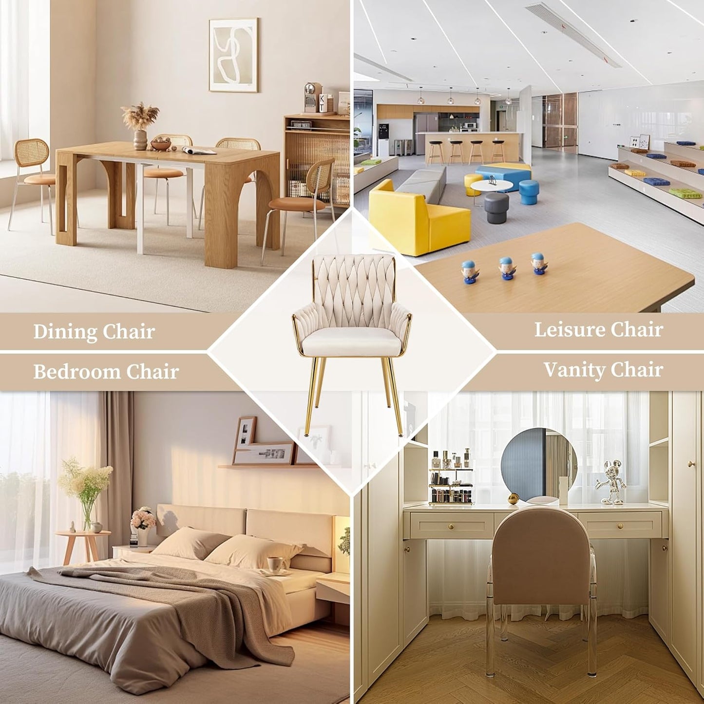 Office Desk Chair No Wheels, Woven Velvet Vanity Chair with Back & Armrest, Comfy Upholstered Cute Gold Metal Legs Makeup Aesthetic Armchair for Girls & Women Bedroom, Nail Spa, Beige