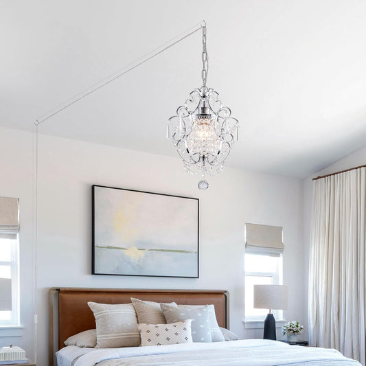 Plug in Crystal Chandelier,14.7 Ft Hanging Lights with Clear Cord & On/Off Switch,Plug in Ceiling Light Small Chandeliers for Bedroom Dining Room Entryway Living Room