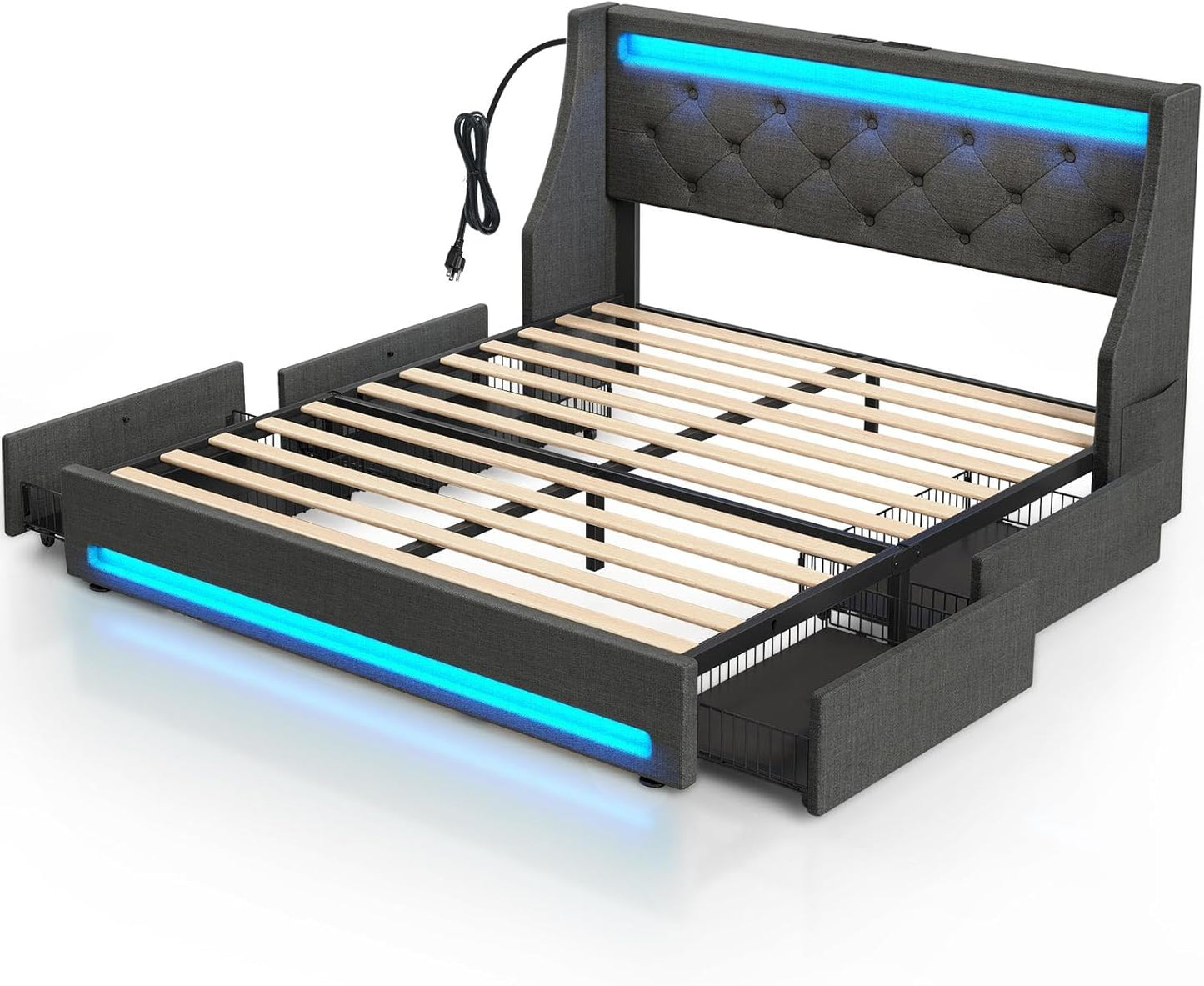 Full Bed Frame with LED Lights and Charging Station, Upholstered Bed with Drawers, Wooden Slats, Noise Free, Easy Assembly, Dark Gray