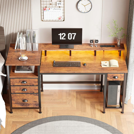 60" Computer Desk with File Cabinet and Storage Shelves, Reversible Home Office Desk with LED Lights, Full Monitor Stand, Power Outlets, Study Gaming Table with 4 Drawers, Rustic Brown