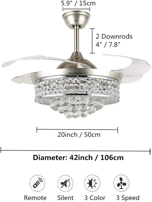 42" Crystal Ceiling Fan with Light Retractable Blades Brushed Nickel Modern LED Chandelier Remote 3 Colors 3 Speeds Change Silent Ceiling Fans Light