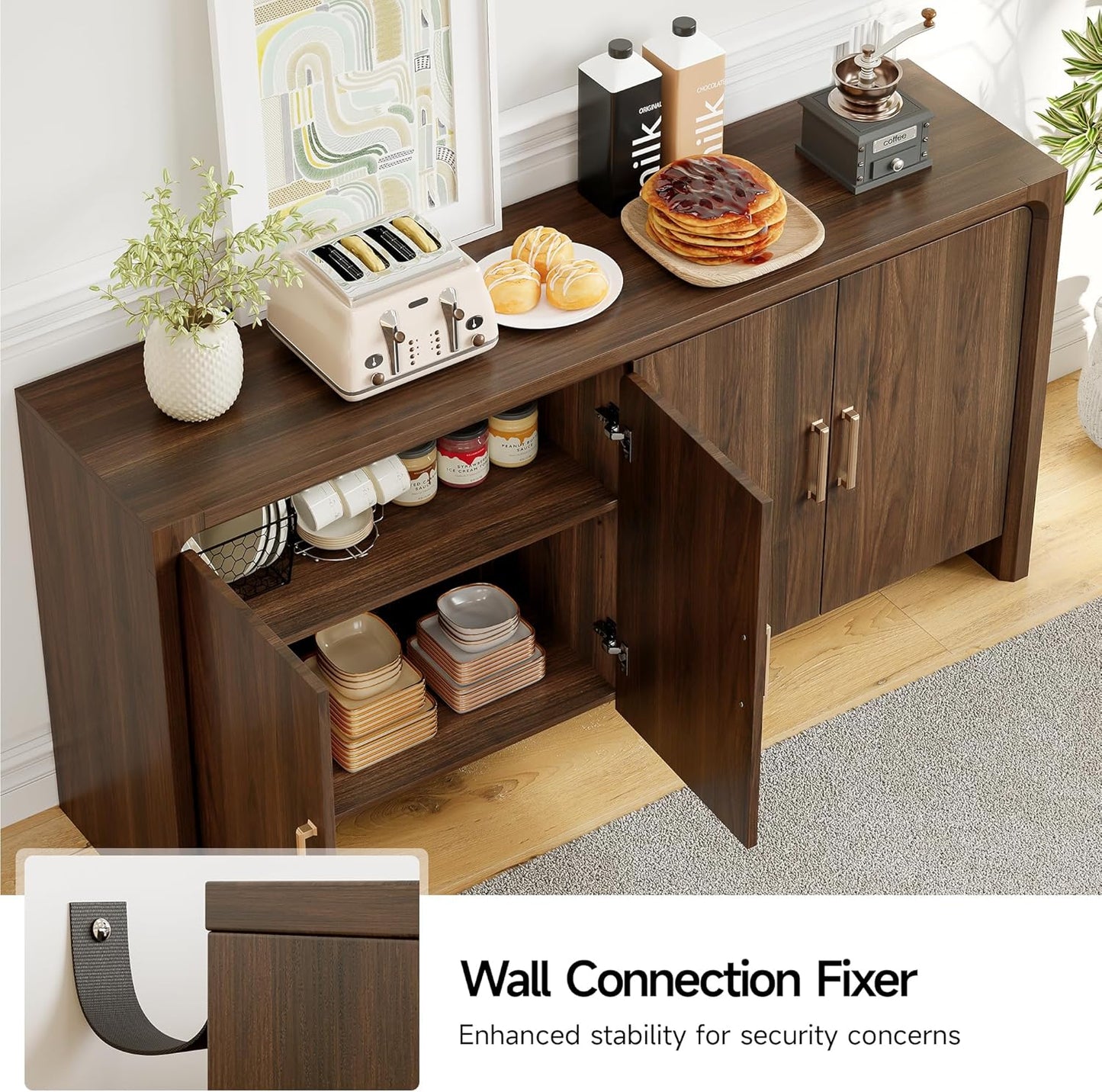 63" Buffet Cabinet with 4 Doors and Adjustable Shelves, Sideboard Buffet Cabinet with Storage, Wood Kitchen Console Table, Modern Coffee Bar for Kitchen, Living Room, Hallway (Walnut)