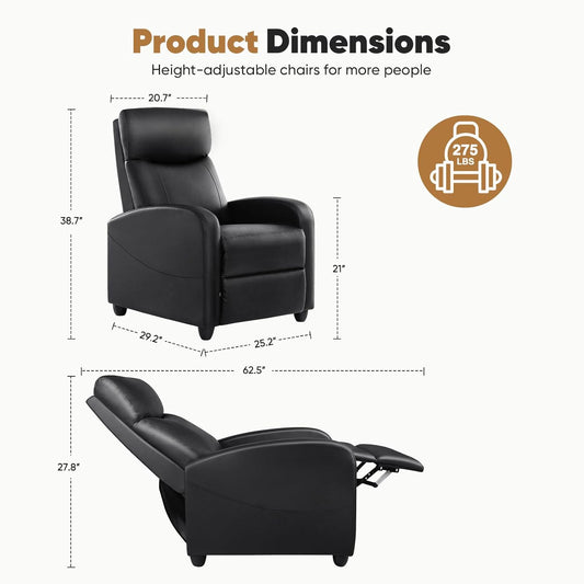 Recliner Chair for Adults, Massage Reclining Chair for Living Room, Adjustable Home Theater Seating Single Sofa with PU Leather Padded Seat Backrest and Footrest, Modern Black