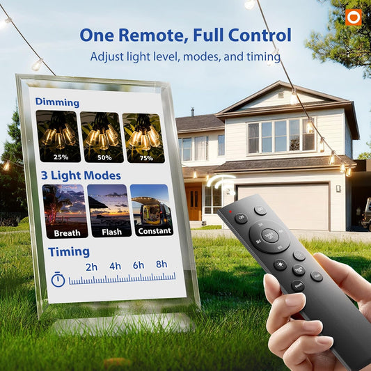 100FT LED Outdoor String Lights with Remote Waterproof Patio Lights with Shatterproof ST38 Replaceable Bulbs, Dimmable outside Hanging Light Connectable for Porch, Backyard, 2200K