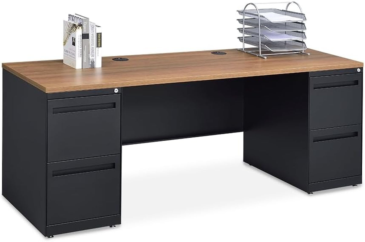 NBF Executive Office Desk and Credenza Set - Modern Home Office Desk with Durable Laminate, File and Utility Drawers (Gray)