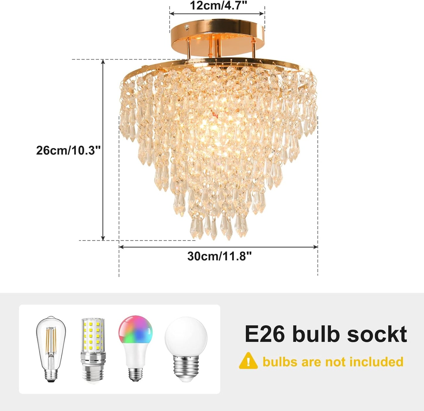 11.8" Crystal Chandelier Gold Flush Mount Ceiling Light 5 Tiers Raindrops Crystals Pendant Lighting Fixture for Bedroom Hallway Living Room E26 Base