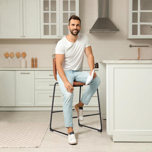 26 Inch Counter Height Bar Stools Set of 4, Modern Faux Leather High Barstools with Back and Metal Leg, Bar Chairs for Kitchen Lsland, Brown