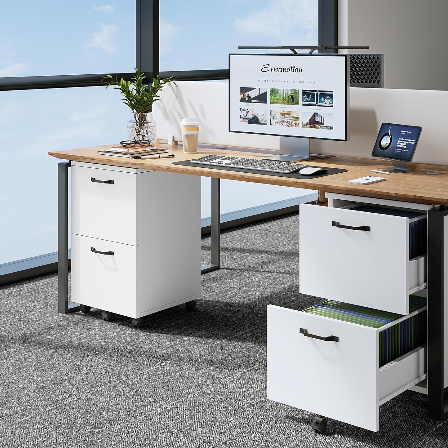 2 Drawer Filing Cabinet White, Rolling Wood File Cabinets with Printer Stand under Desk Storage Lockable Wheels, Home Office Organizer