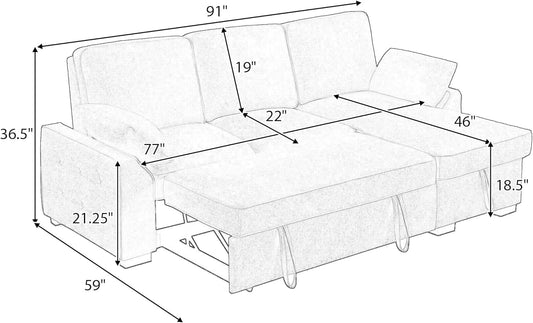 L-Shaped Pull Out Sleeper Couch Bed, Modern Chenille Upholstered Button Tufted Corner Couch Reversible Sectional Sleeper Sofa Bed W/Storage Chaise, Cup Holders