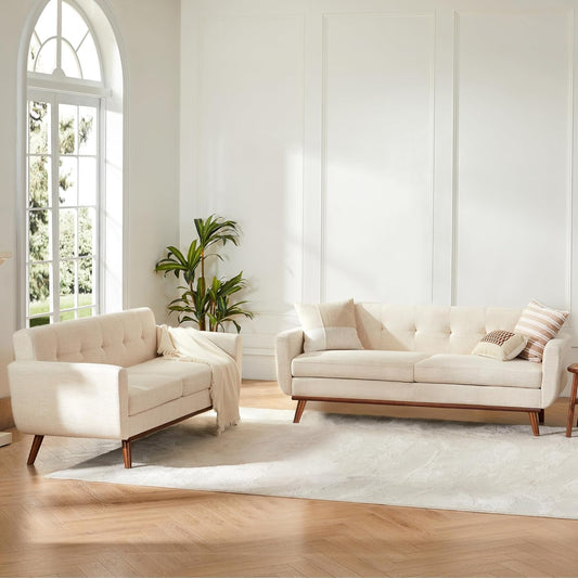 2 Piece Loveseat and Sofa Sets, Mid Century Modern Decor Love Seat Couches for Living Room, Button Tufted Upholstered Furniture, Easy to Install Small Couch for Bedroom, Office, Beige | Linen Fabric, Button Tufted, Solid Wood Foot, Pocket Spring, Wood Sla
