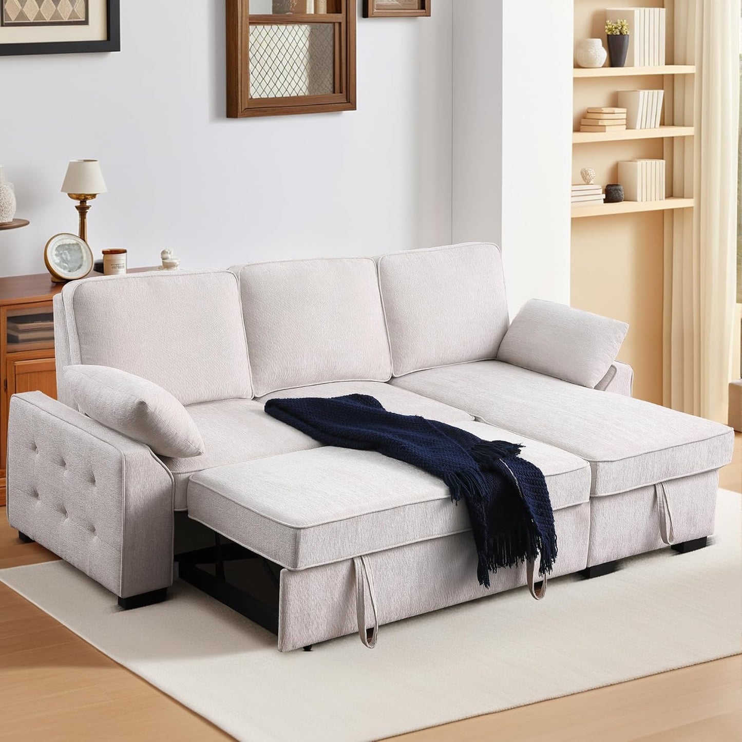 L-Shaped Pull Out Sleeper Couch Bed, Modern Chenille Upholstered Button Tufted Corner Couch Reversible Sectional Sleeper Sofa Bed W/Storage Chaise, Cup Holders