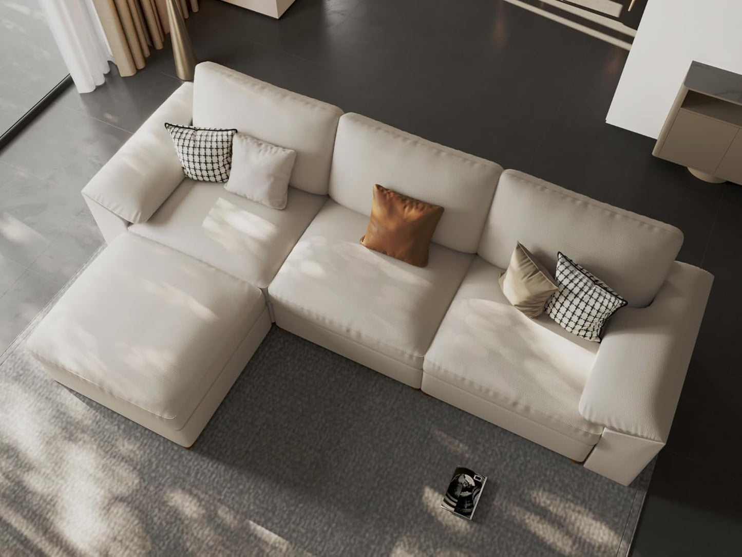 Leather Sectional Couch, Oversized Modular Sectional Sofas, Wide Deep Seat Modular Couch, Scratch Resistant Faux Leather Material, L Shaped Sofa for Big Spaces, Beige