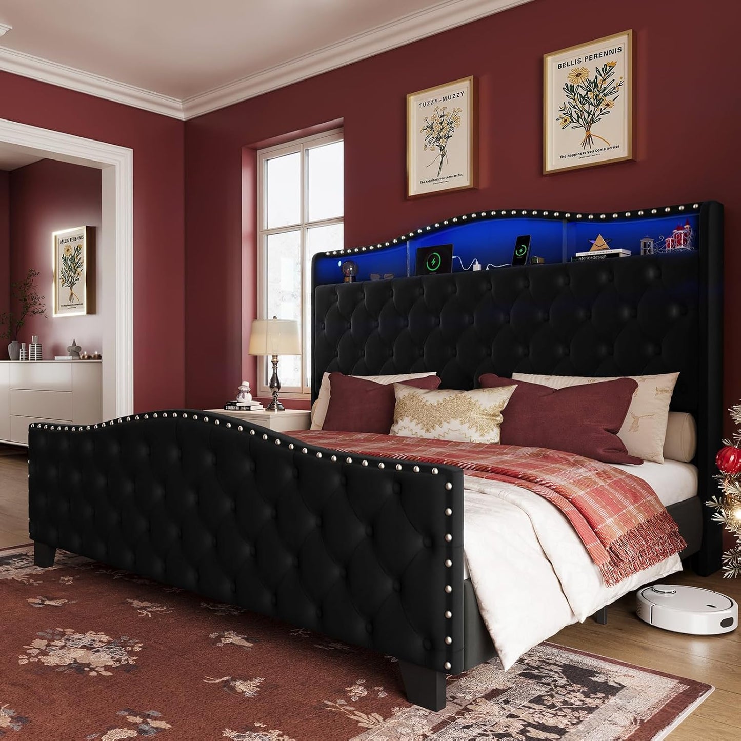 King Size Bed Frame and Headboard, 50.9" Velvet Upholstered Wingback Bedframe with LED Lights & Storage/Charging Station, Button Tufted Tall Footboard, No Box Spring Needed, Noise-Free, Black
