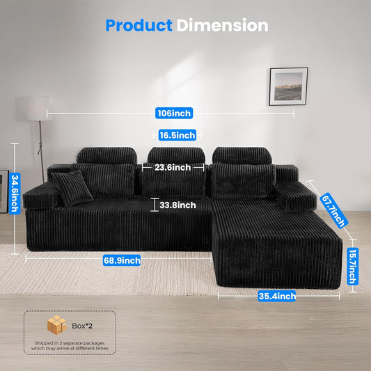 106’’ Sectional Couch with High Backrest, L-Shape Modular Sectional Sofa Convertible Left or Right Chaise, Cloud Corduroy, Boneless Couches Comfortable for Living Room(Black)