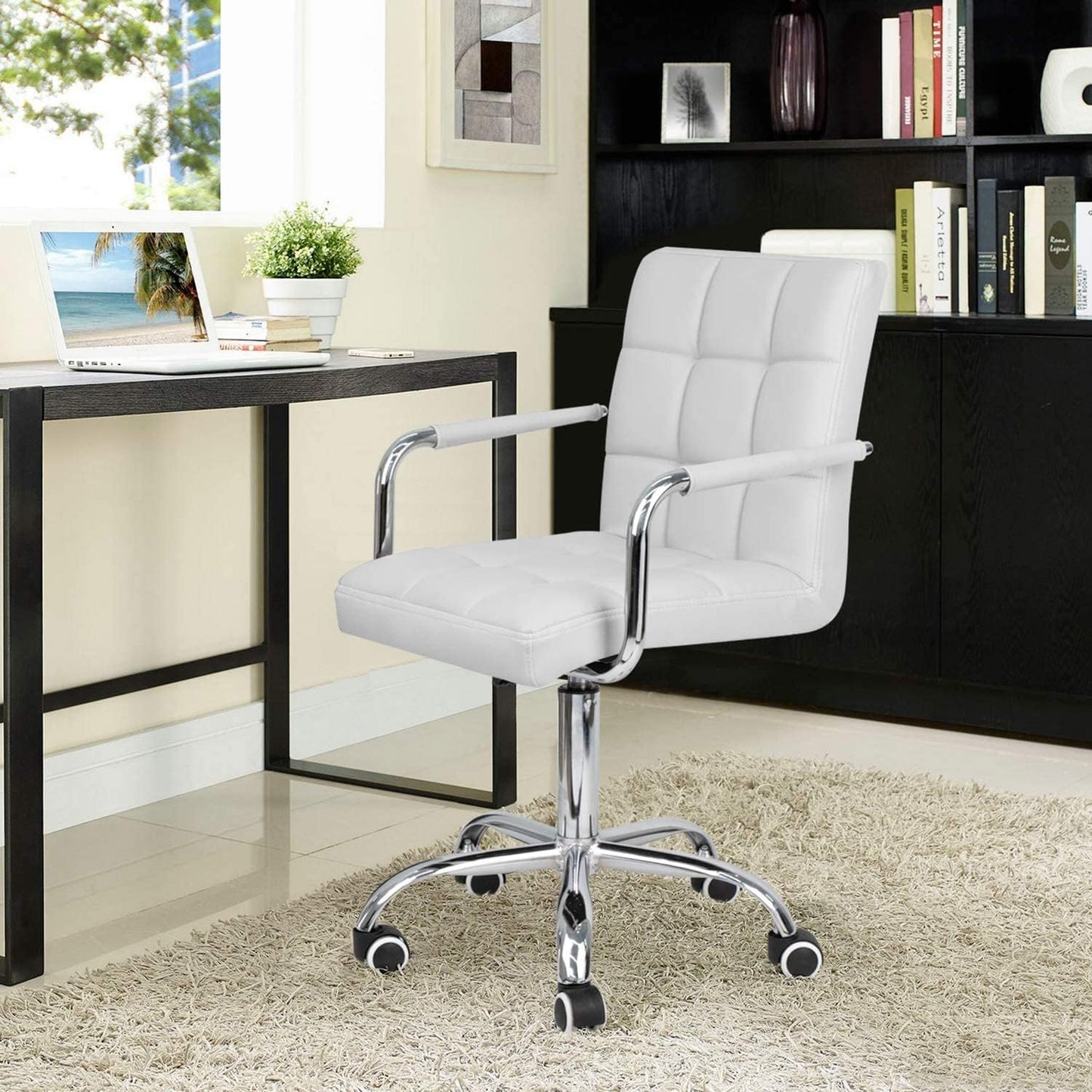 Desk Modern Office Chair with Wheels Vanity Chair PU Leather Mid-Back Rolling Cute for Office, Teen, and Bedroom Desks (White)