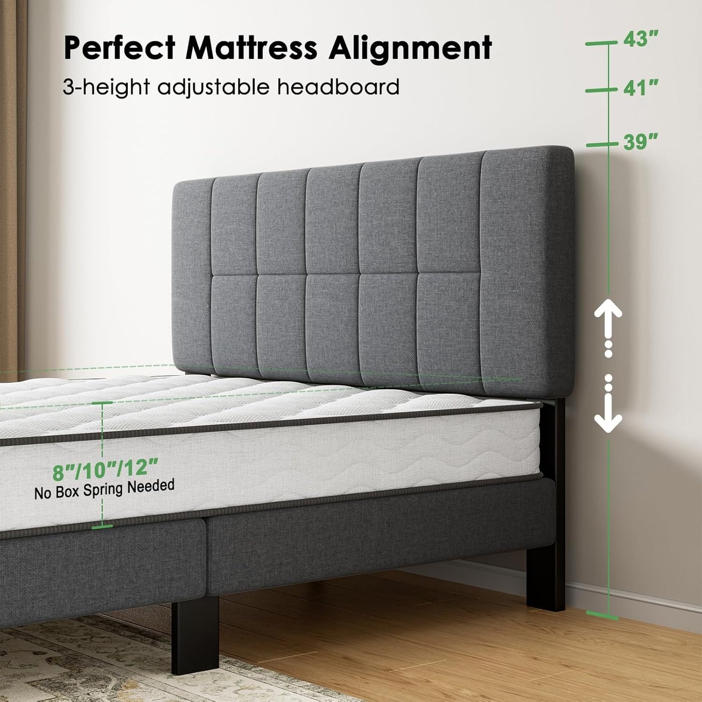 Queen Size Bed Frame, Sturdy and Durable with 12 Support Legs, 1300 Lbs Capacity, Solid Wooden Upholstered Adjustable Headboard for 6"-12" Mattresses, Easy Assembly, Ideal Height, Dark Gray