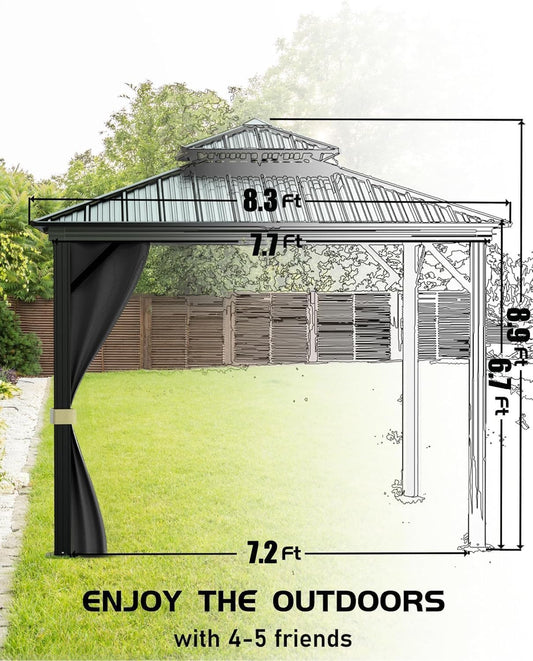 Hardtop Gazebo 8 Ft X8 Ft for All Weather, with Double Metal Roof, Aluminum Alloy Frame, Net, and Curtain, Permanent Building for Patio, Deck, Backyard, Lawn, and Garden