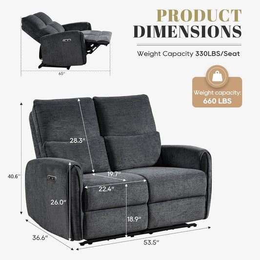 53.5" Zero Wall Hugger Power Reclining Loveseat Sofa with USB & Type-C Ports, Electric Recliner Loveseat with Lumbar Pillows, Small Space Wall Hugger Reclining Couch for Living Room & RV (Dark Grey)
