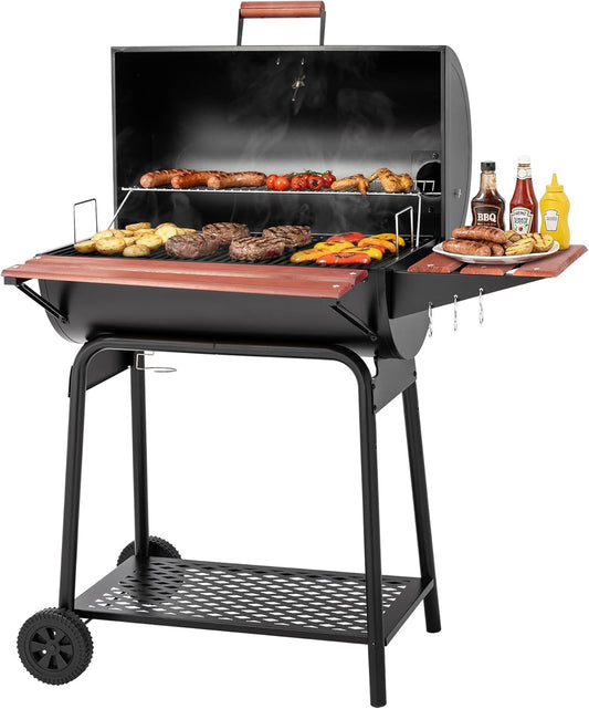 CC1830V 30 Barrel Charcoal Grill with Wood-Painted Side Front Table, 627 Square Inches Cooking Space, for Outdoor Backyard, Patio and Parties, Black