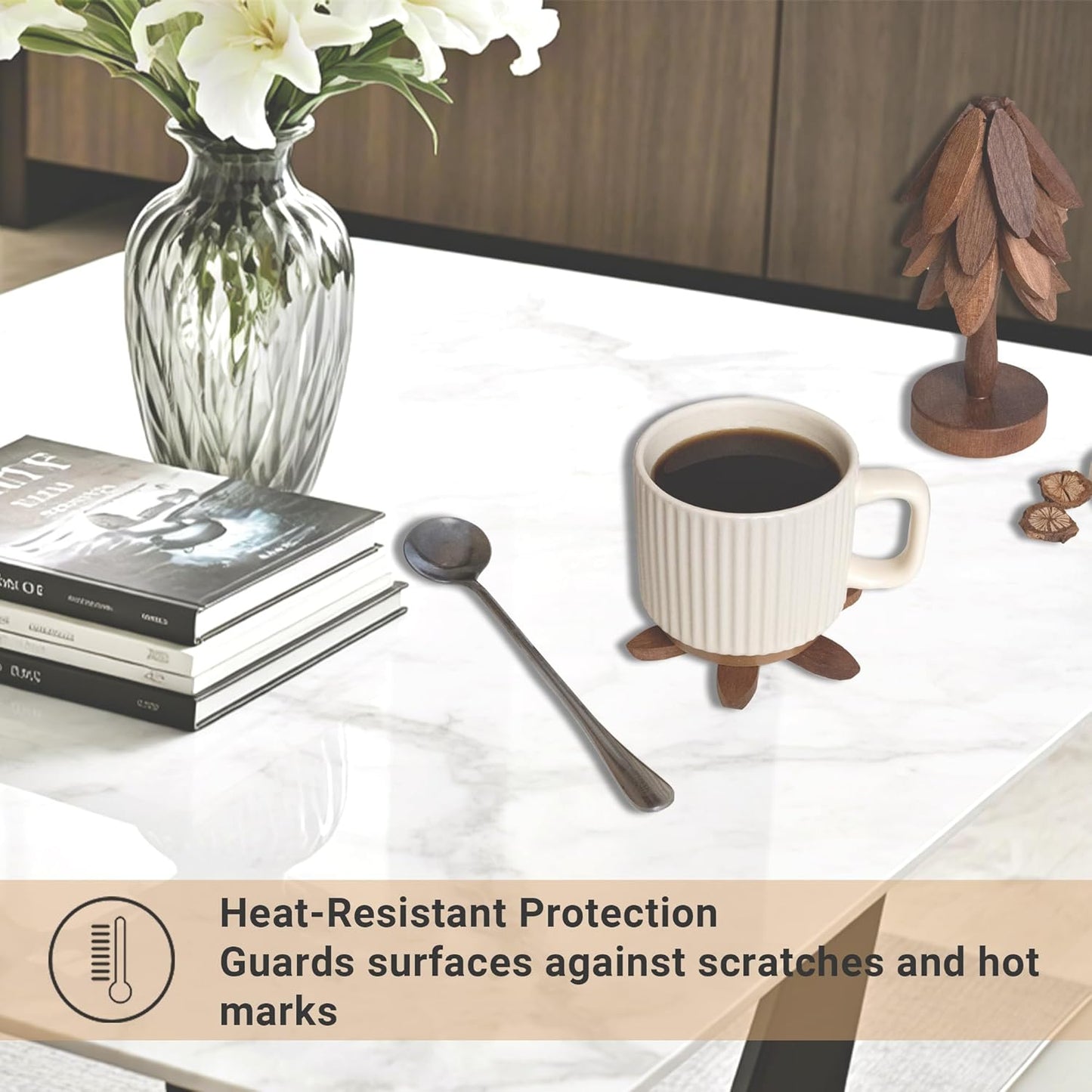 Coasters, Wooden Tree-Shaped Sapeli Wood Drink Coasters Set for Coffee Table, Kitchen Table Decor