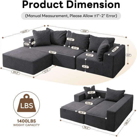 Modular Sectional Sofa - Modern L Shaped Boneless Couch with Deep Seat, Upholstered Sectional Couches for Living Room, Bedroom, Office, No Assembly Required, Gray