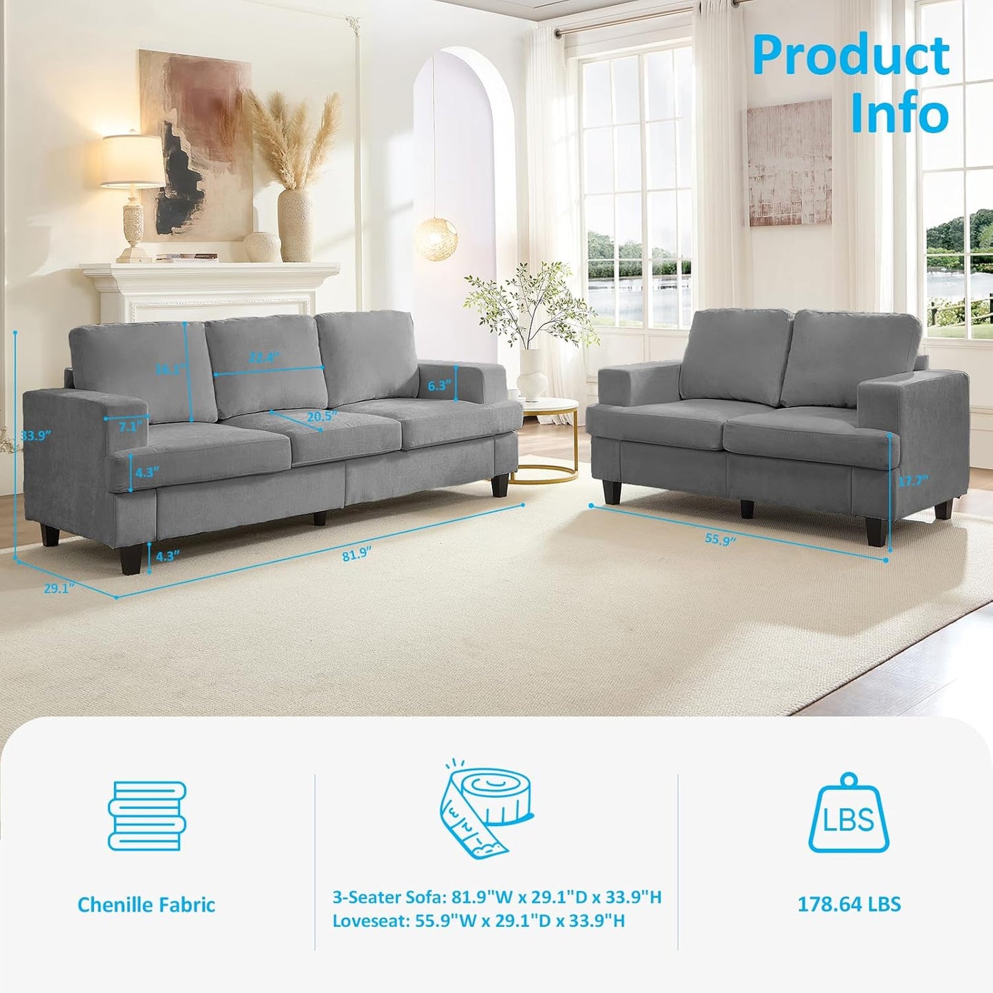 82" Width 2 Pieces Living Room Sofa Sets, 3 Seater Sofas Couch and Loveseat Set, Sofas Couches Living Room Furniture Sets, Sectional 3-Seat Sofa + Loveseat Couch Set for Home Office, Light Grey