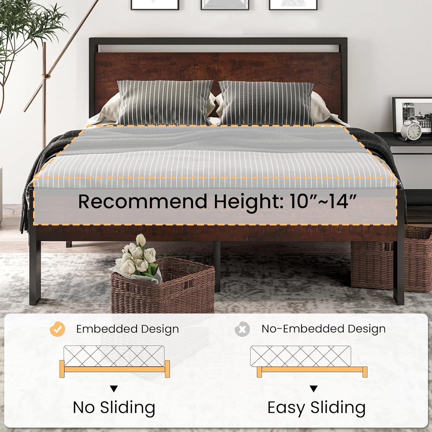 14 Inch Queen Size Metal Platform Bed Frame with Wooden Headboard and Footboard, Mattress Foundation, No Box Spring Needed, Large under Bed Storage, Non-Slip without Noise, Mahogany