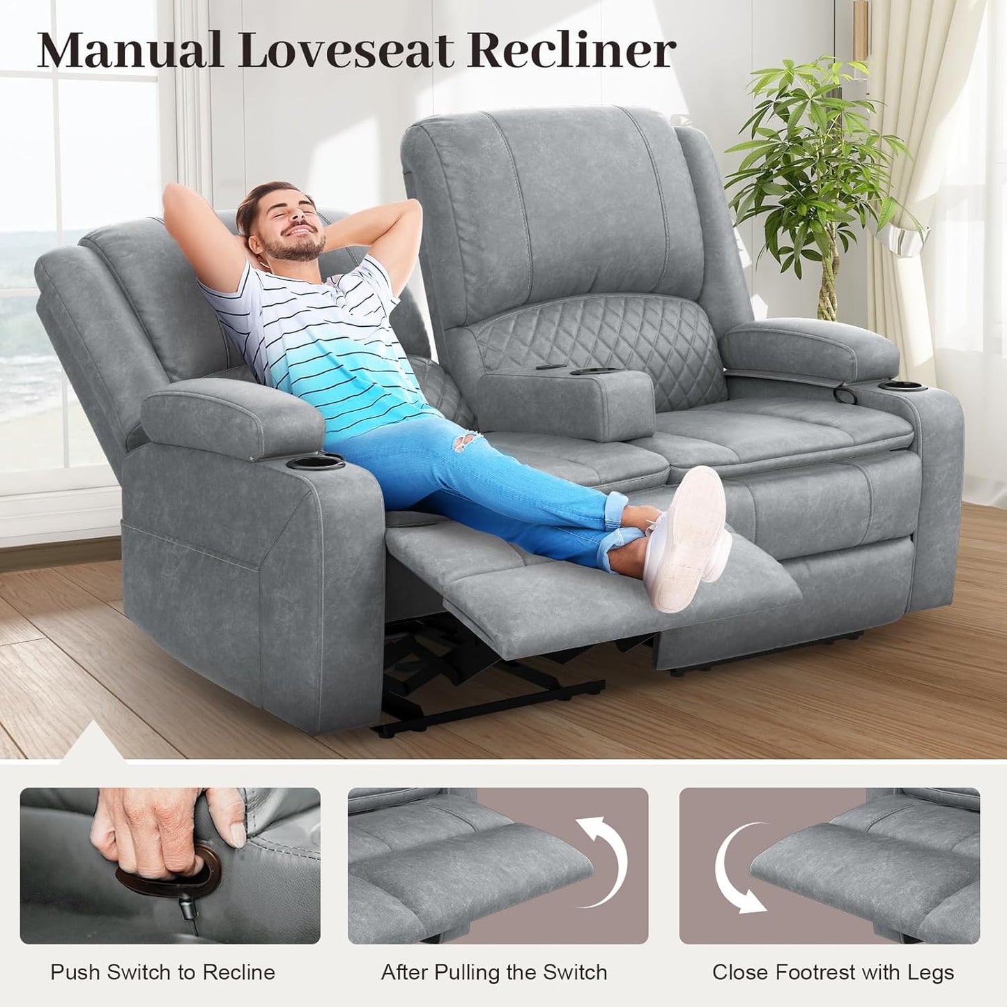 Loveseat Recliner Sofa, Manual Reclining Loveseat with Removable Armrest, PU Leather Double Recliner for RV with 2-Tier Cushions, USB Charging Ports, Cup Holders - Gray PU
