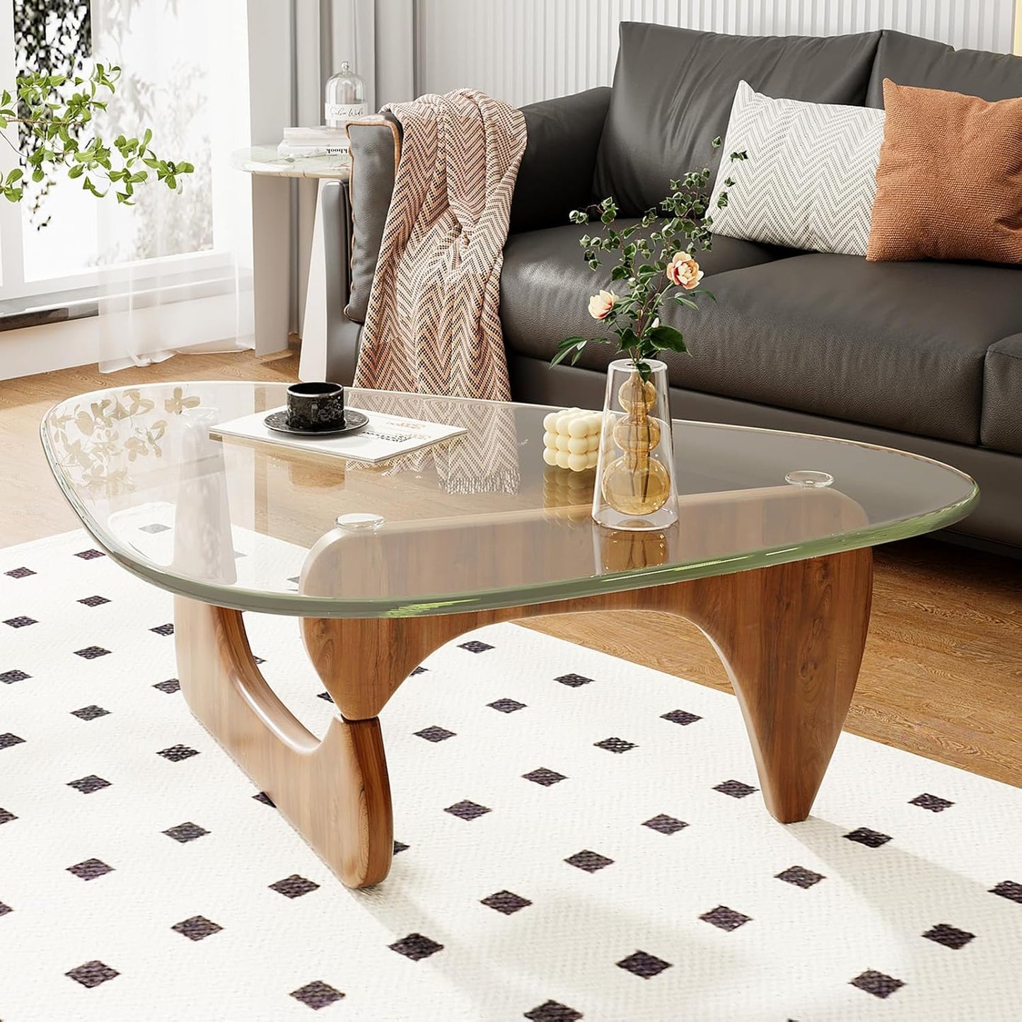 Coffee Table for Living Room Mid Century Modern Center Table with Glass Top, Walnut Transparent