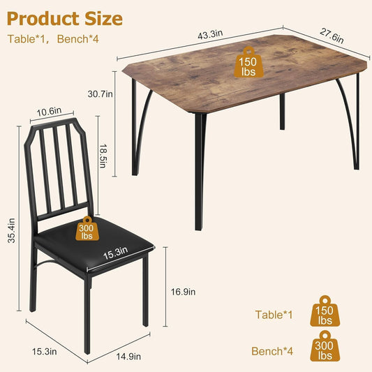 Dining Table Set for 4, Kitchen Table Set of 4 with Upholstered Cushion Chairs, Dining Room Table Set with Kitchen Chairs, Easy to Assemble, Suitable for Apartment - (Rustic Walnut)